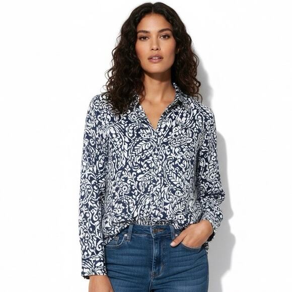 ZARA Blue White Abstract Floral Button Down Shirt Womens L European Coastal - Picture 1 of 6